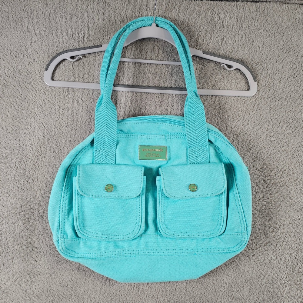 Aeropostale Canvas Tote Bag Turquoise Blue Utility Pockets Zip Top Cotton Y2K